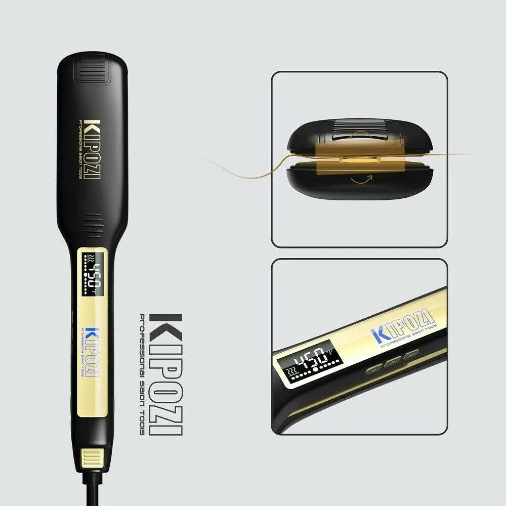 KIPOZI black titanium flat iron hair straightener with digital LCD display showing 450°F and gold plates.