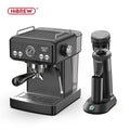 HiBREW black espresso machine and electric coffee grinder set with digital temp display, pressure gauge, and portafilter.