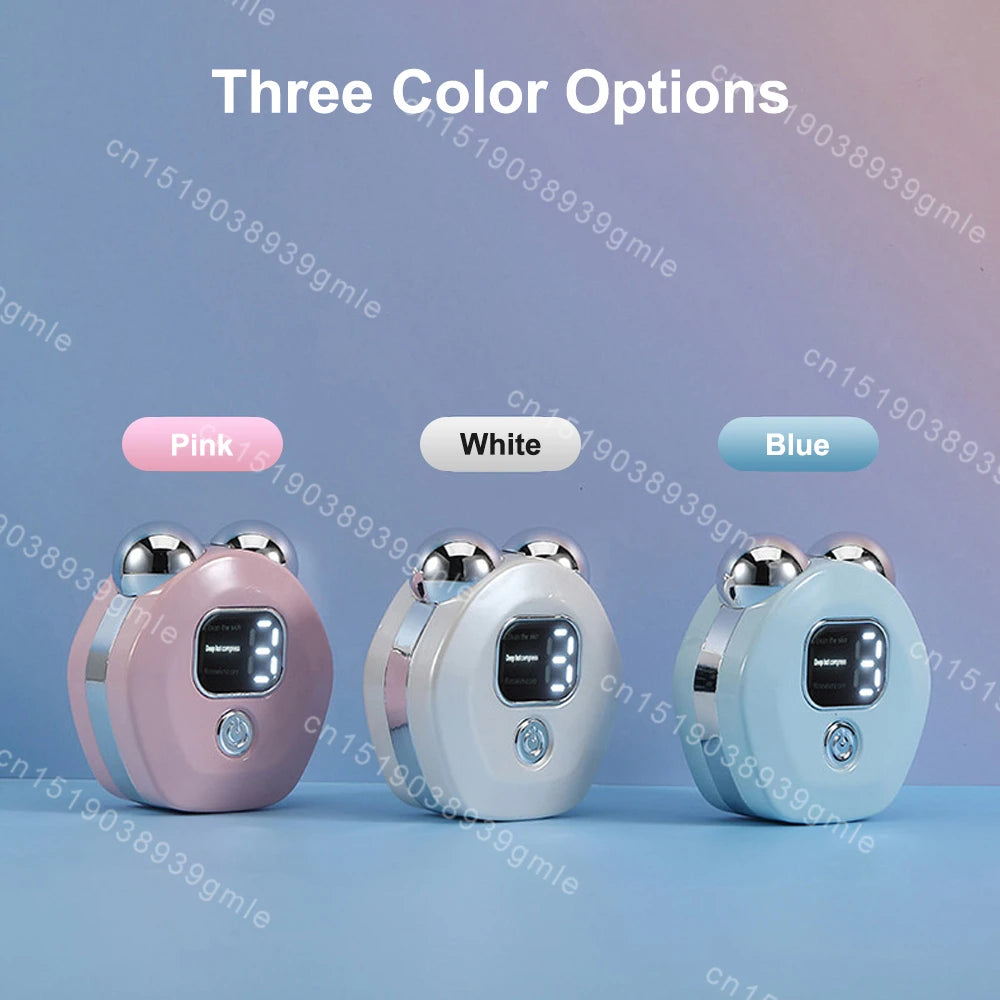 Three round facial massagers with roller tops in pink, white, and blue, featuring a digital display and power button.
