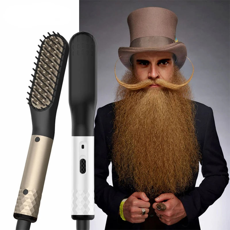 Black and gold portable heated beard straightening brush for professional men’s grooming and styling.