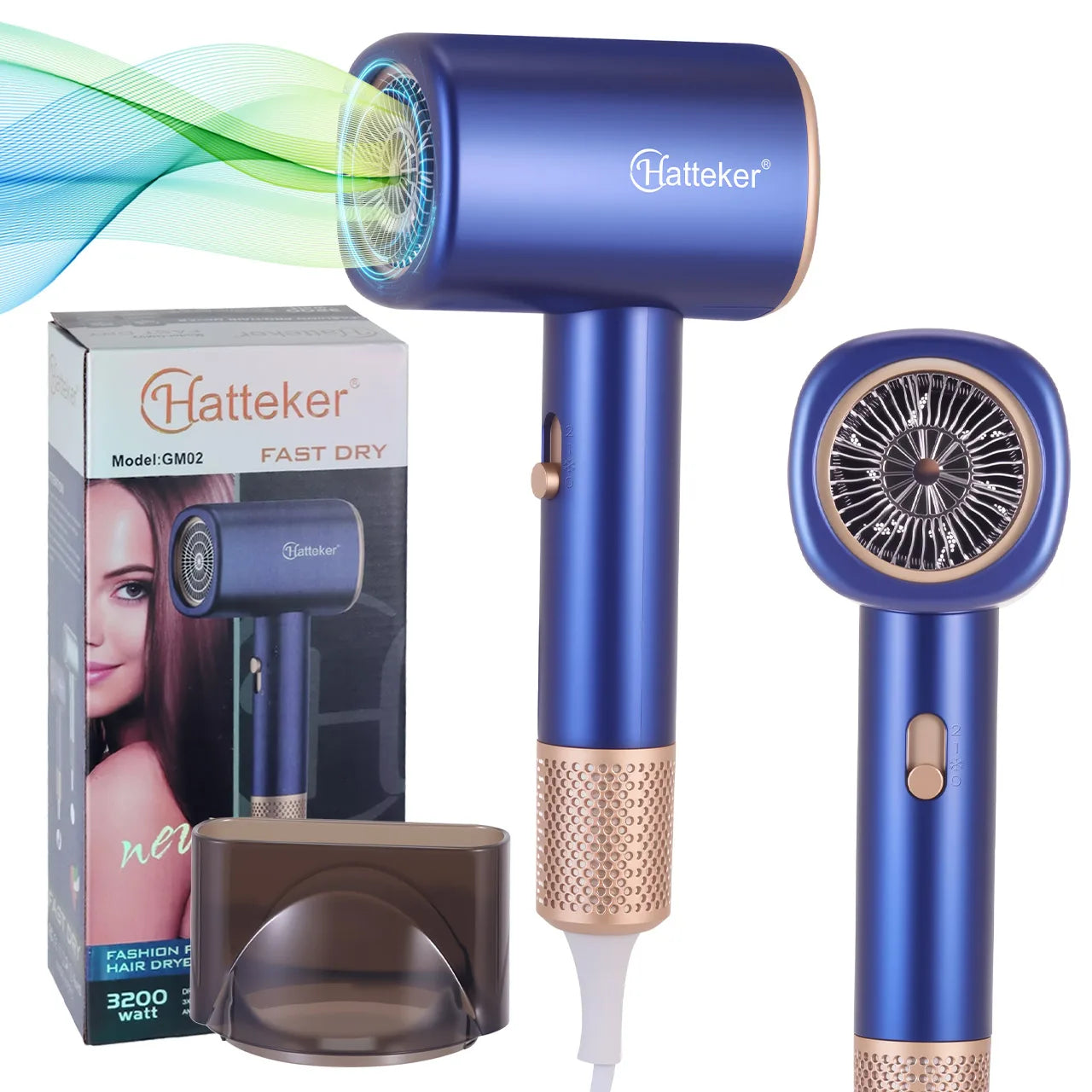 Blue Hatteker professional hair dryer with nozzle attachment, 3200W industrial power, and modern sleek design.