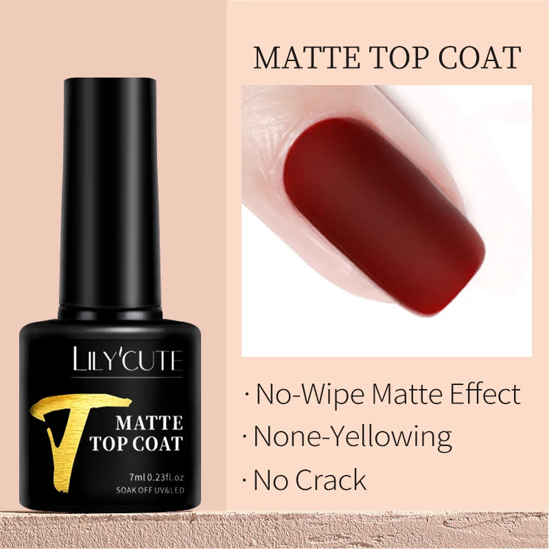 7ml matte top coat nail polish in a black bottle, shown with a deep red matte-finished nail sample.