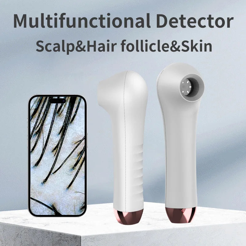 White and rose gold HD scalp and hair follicle detector with magnifier for professional skin and hair analysis.