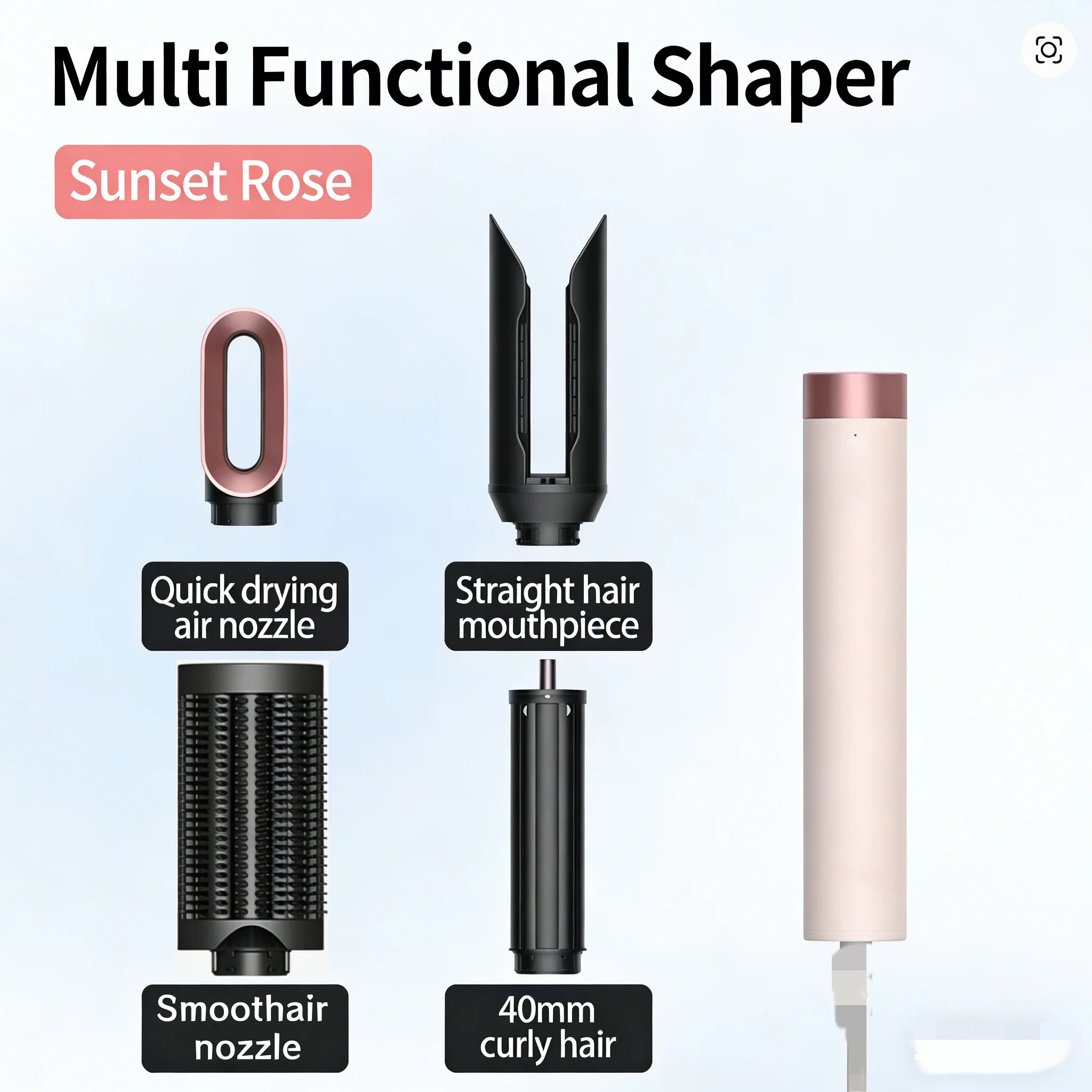 Sunset Rose 6-in-1 negative ion hair styler with drying, straightening, and curling iron attachments for versatile styling.