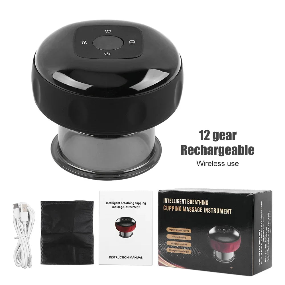 Black, wireless intelligent breathing cupping massage instrument with a clear suction base, manual, and USB charging