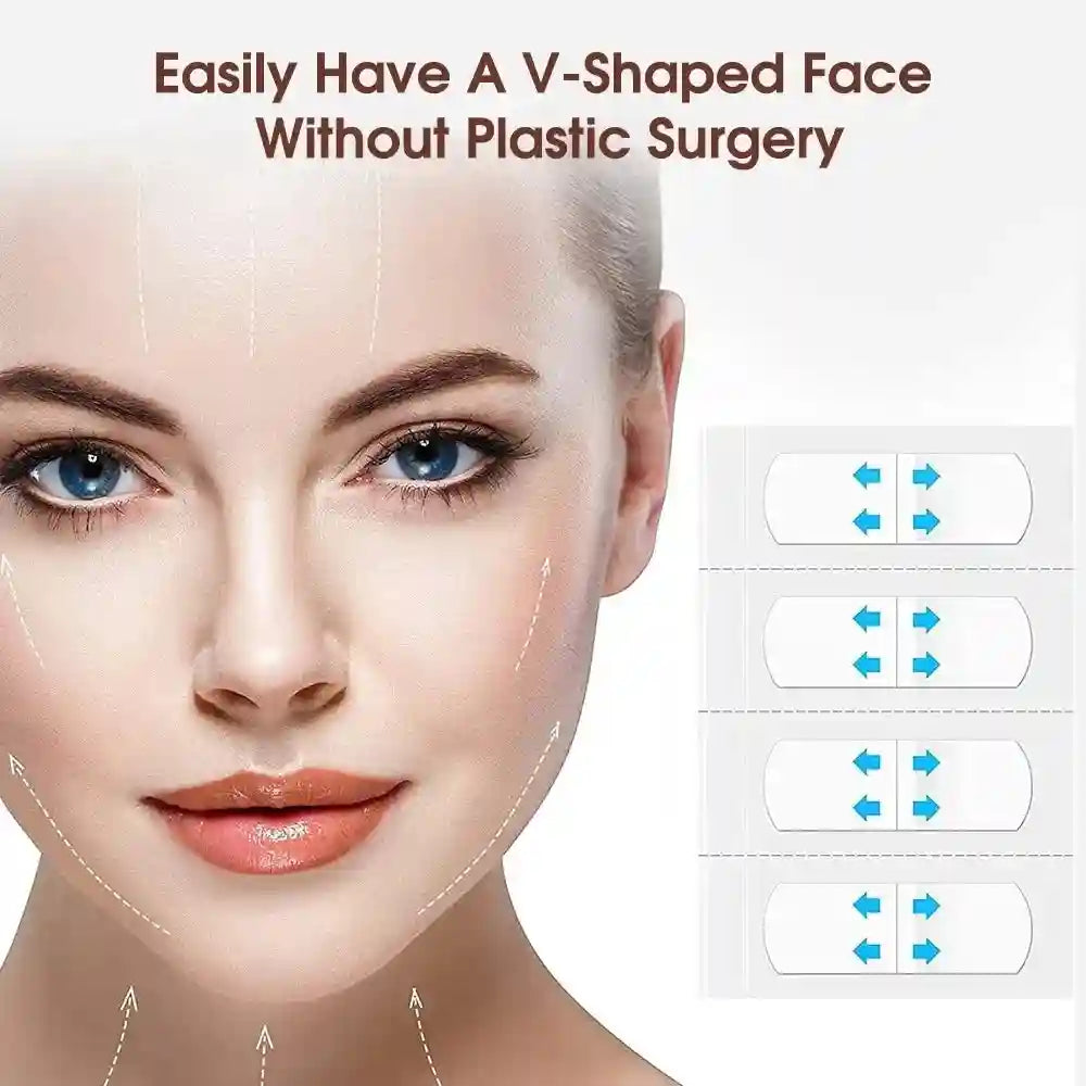 Transparent, adhesive V-shape face lifting patches shown on a woman's face with indicator arrows.