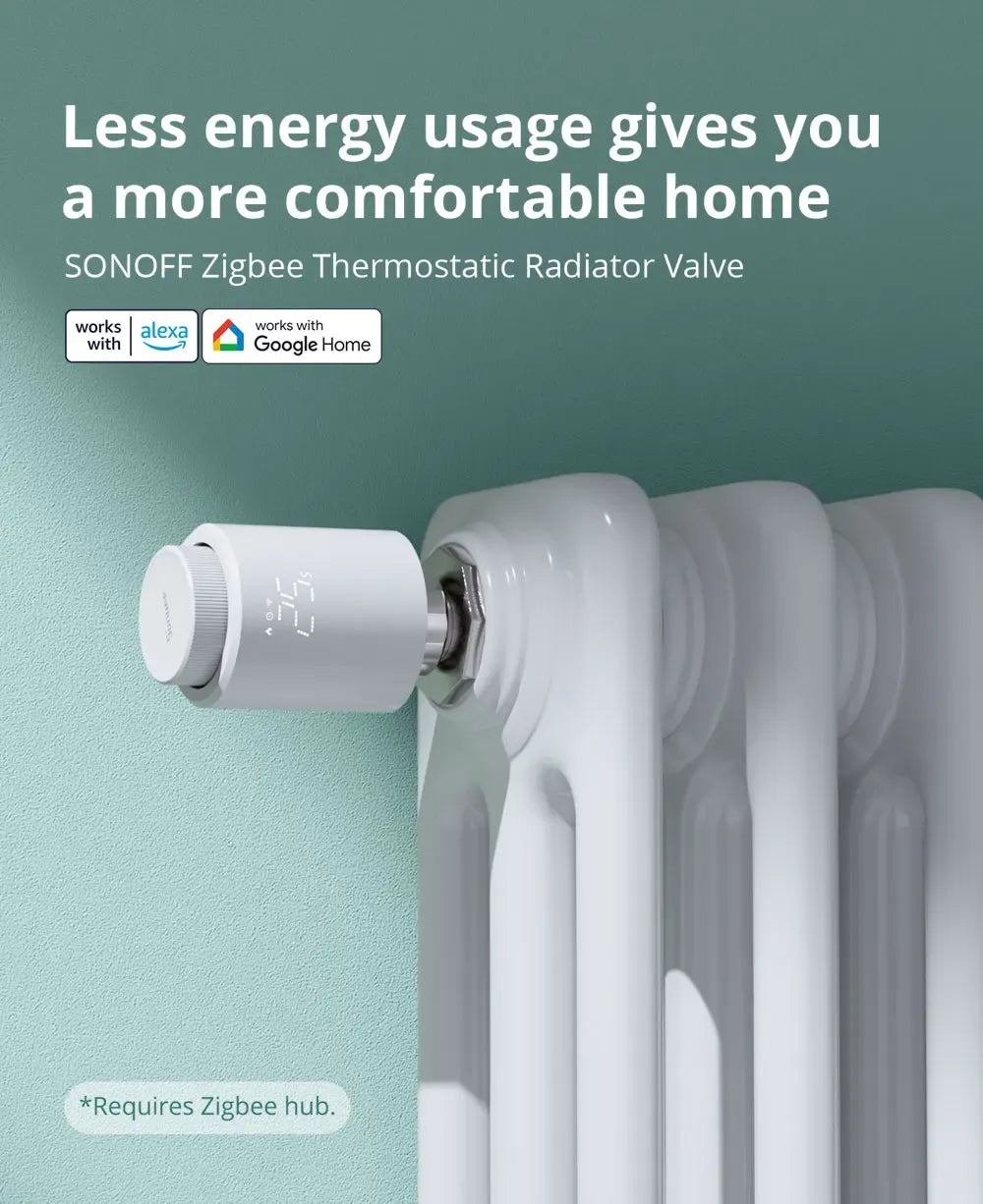 White Zigbee thermostatic radiator valve installed on a radiator
