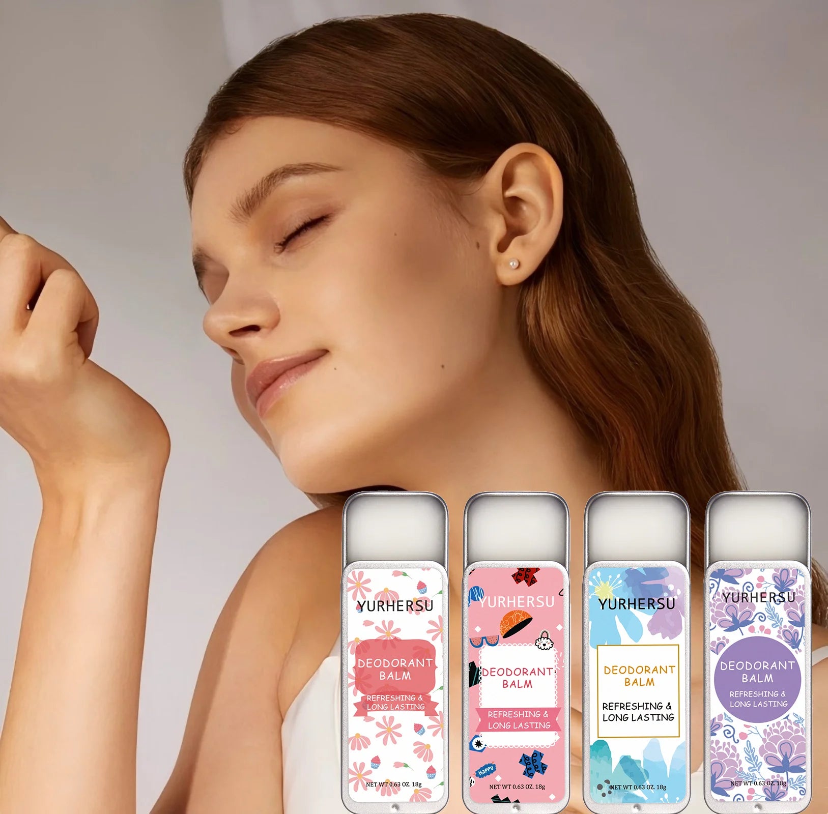 Four-piece YURHERSU deodorant balm set in colorful floral and patterned tubes, refreshing and long-lasting formula.