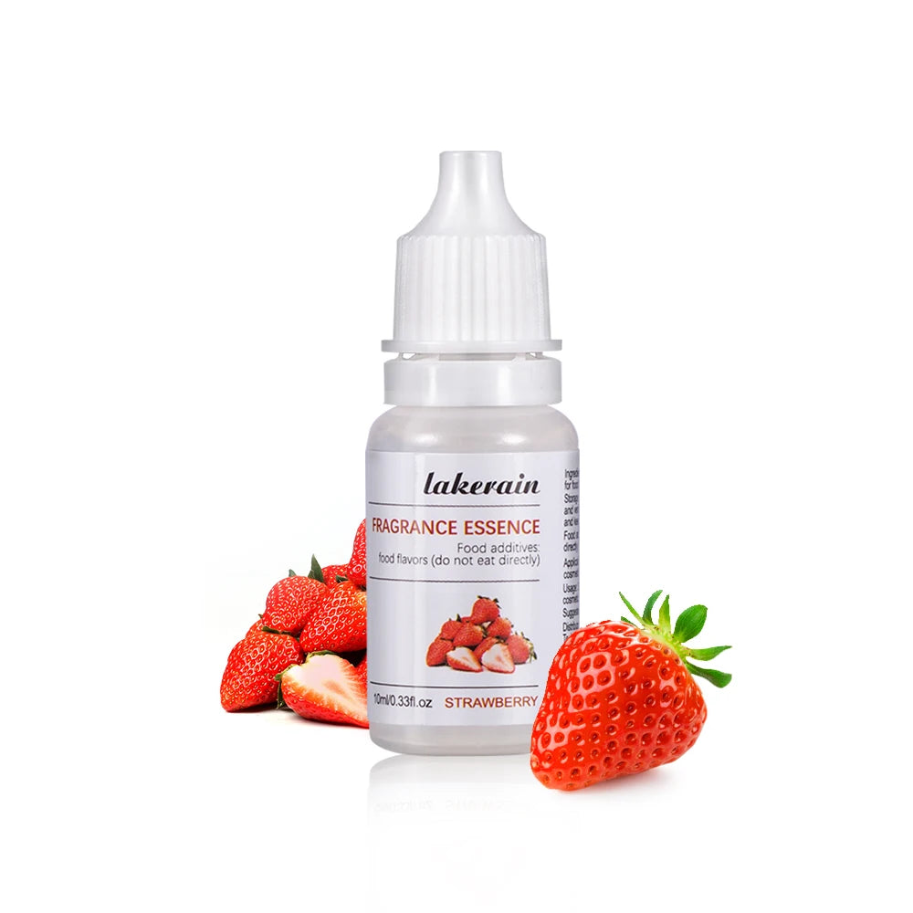 10ml Lakerain strawberry fragrance oil bottle for DIY lip gloss and soap making with fresh strawberry fruit accents.