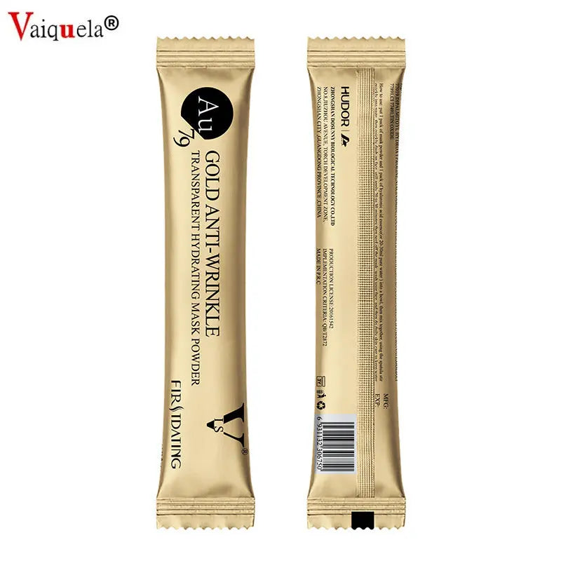 Two gold stick packets of anti-wrinkle facial mask powder, showing front and back views with label text.