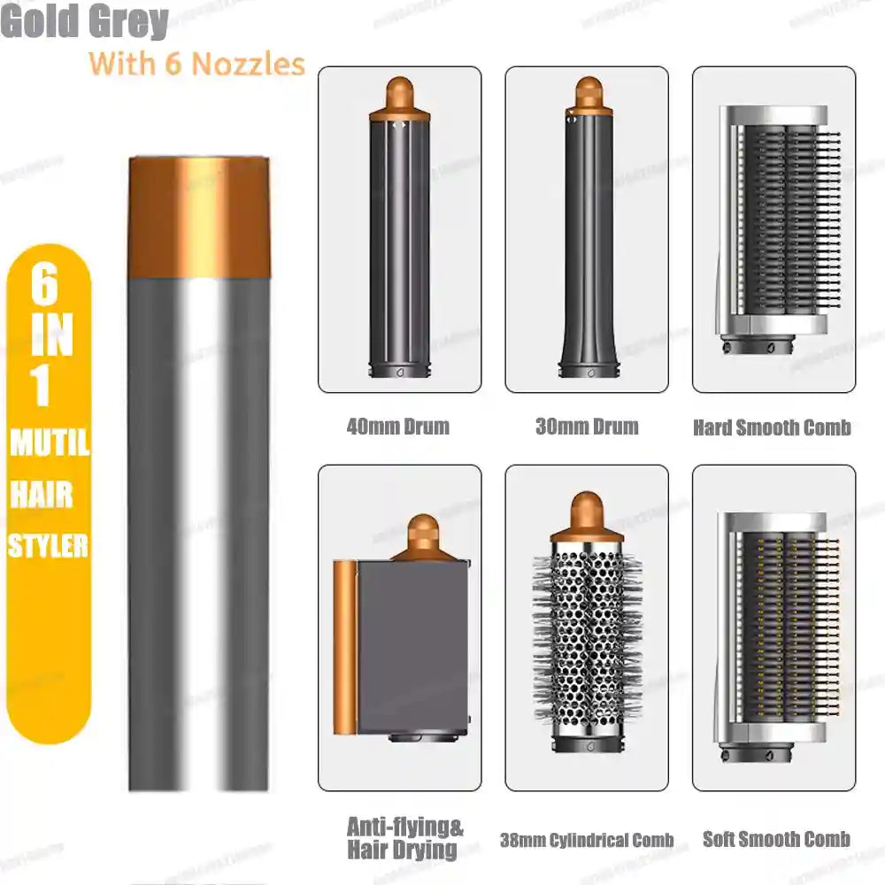 6-in-1 gold and grey hair styler set with auto-curling barrels, dryer, and smoothing brushes for professional styling.