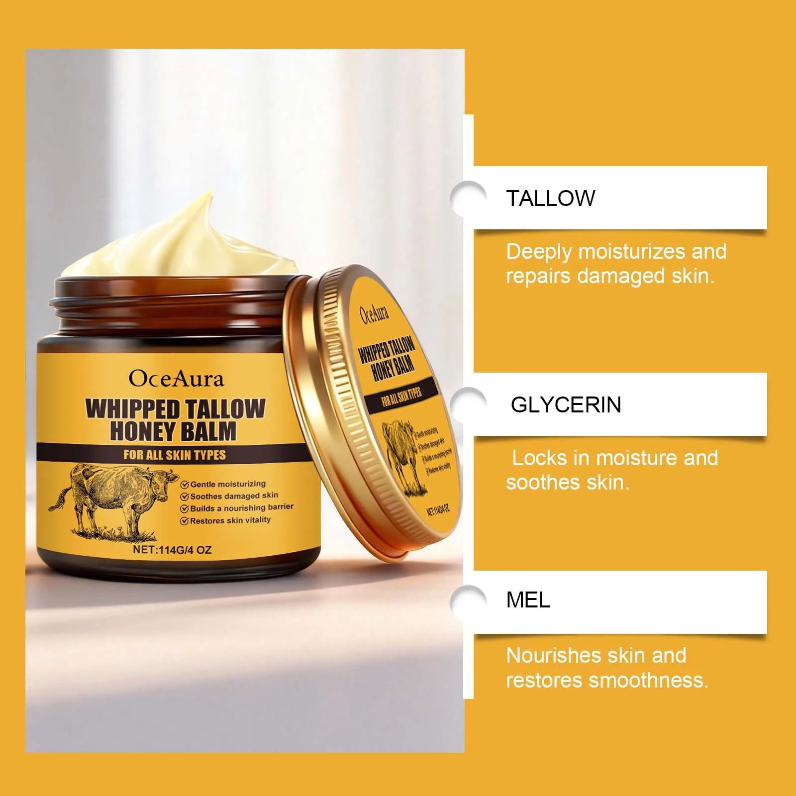 Beef Tallow Honey Balm Deep Hydrating Soft Smooth Skin Damage Care Tighten Fine Lines Facial Moisturizer Rejuvenating Face Cream