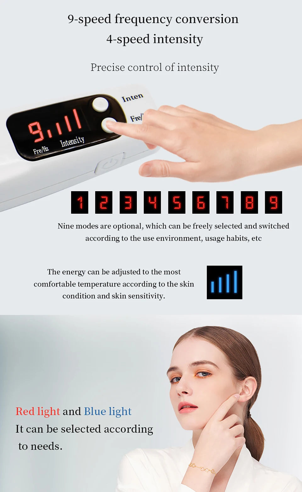 Hand holding handheld picosecond laser pen with digital LED screen showing 9-speed frequency and 4-speed intensity.