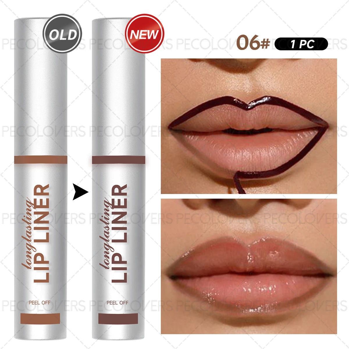 Waterproof peel-off lip liner in dark brown, creating a long-lasting matte lip tint effect for custom-defined lips.