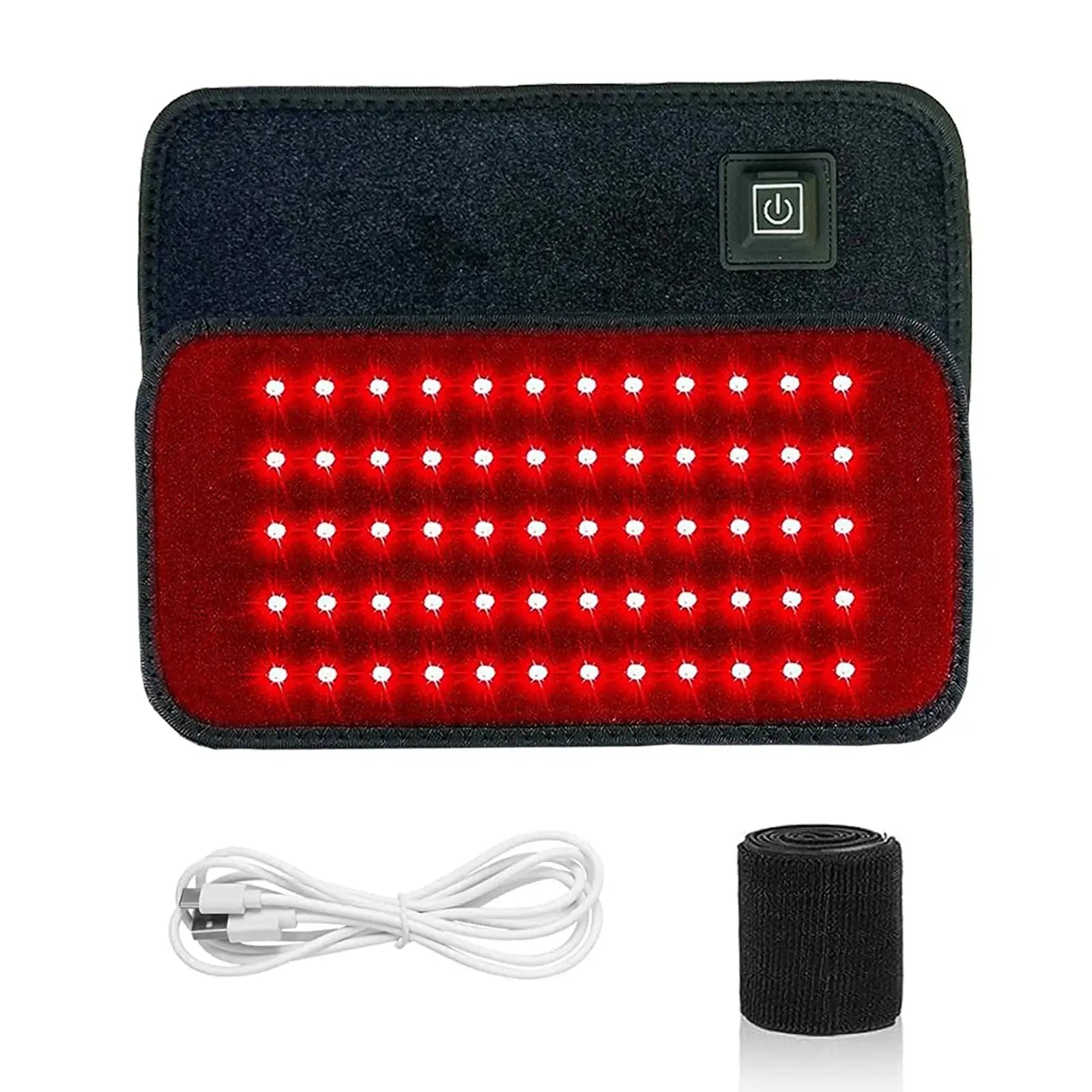 Black rectangular light therapy belt with 60 glowing red LEDs, a power button, white charging cable, and velcro strap.