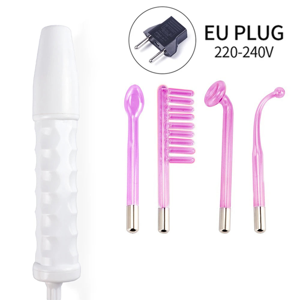 High-frequency facial wand with white handle, four purple glass electrode attachments, and EU power plug.