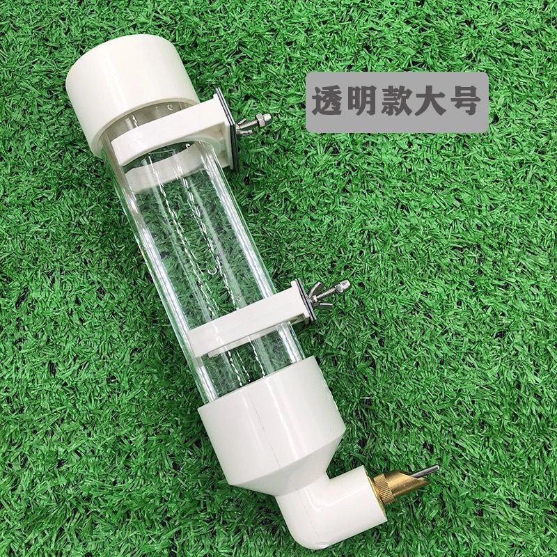 Large clear automatic water dispenser for parrots and birds with metal needle feeder for mess-free hydration.