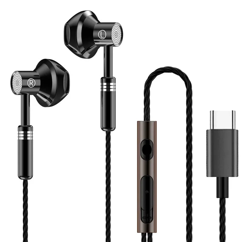 Wired Earbuds HiFi Stereo Bass with Mic Tidesmit 3.5mm or Type C Black Type C Tidesmit