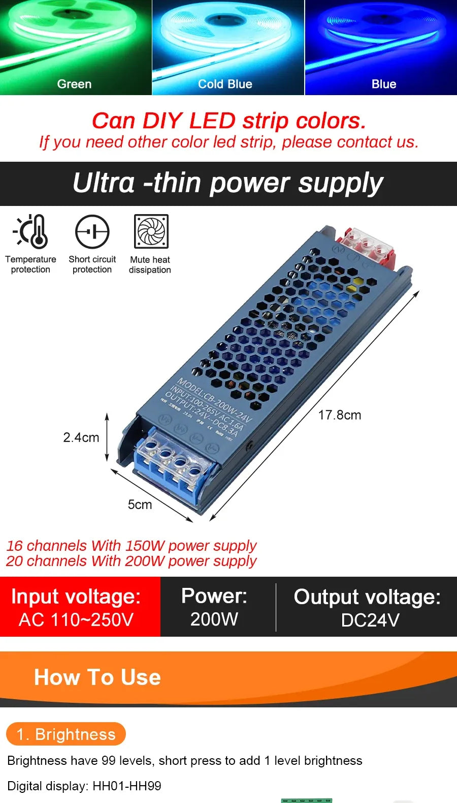 LED stair light strip kit with COB LEDs and thin power supply, AC110–250V DC24V.