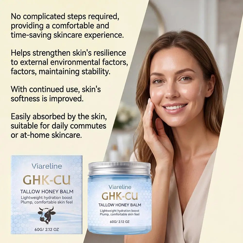 Viareline GHK-CU Copper Peptide Tallow Balm Day & Night Cream Firm Moisturize Honey Blue Balm for Mature, Dry & Sensitive Skin