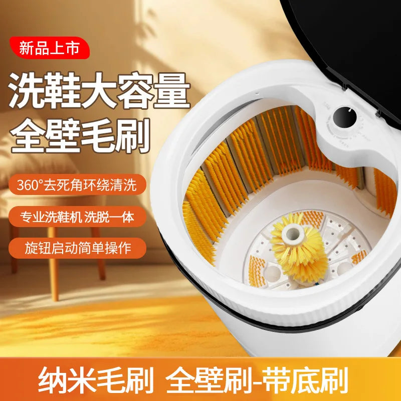 Tidesmit automatic shoe cleaning machine showing 360 degree brush system and integrated spin dryer for home laundry.