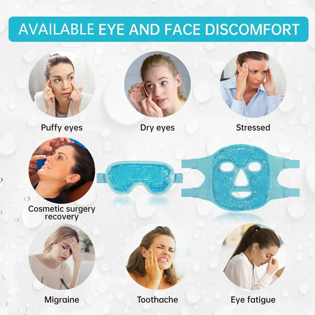 Blue gel bead eye mask and full-face mask for cold or hot therapy to soothe puffiness, headaches, and facial pain.