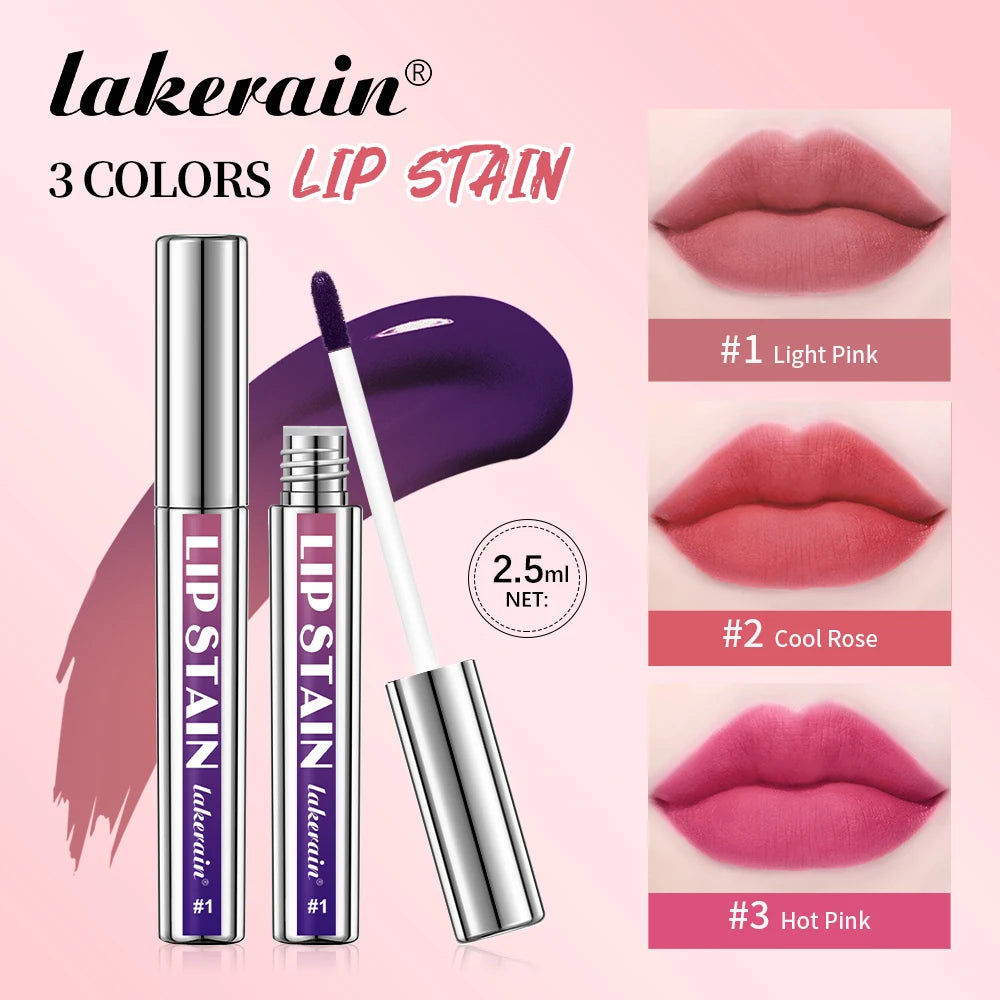 Lakerain waterproof peel-off lip stain tubes and swatches in light pink, cool rose, and hot pink matte shades.