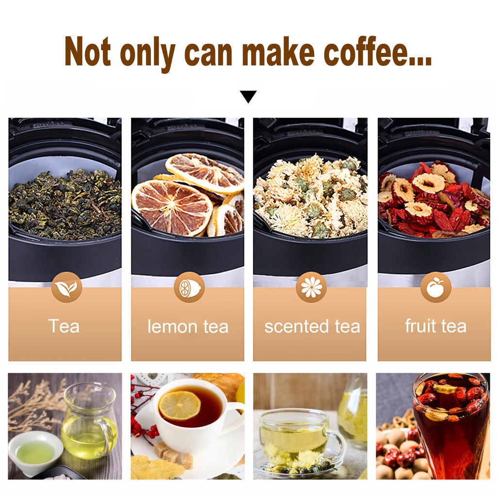 Multi-functional coffee and tea maker basket with stainless steel finish showing brewing tea, lemon, and fruit herbs.
