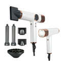 White and rose gold 5-in-1 professional brushless hair dryer with airwrap styler attachments and diffuser.