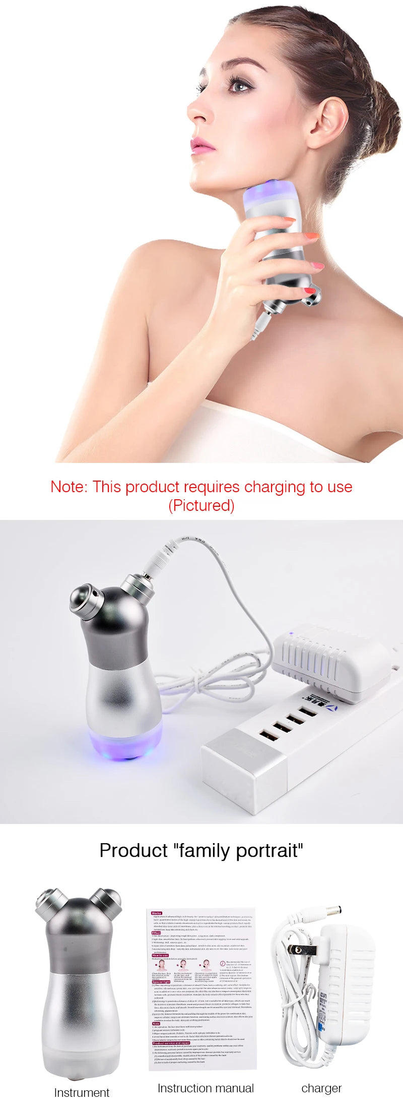 Woman using silver LED facial massager for skin lifting, featuring electroporation and radio vibration, with charger.