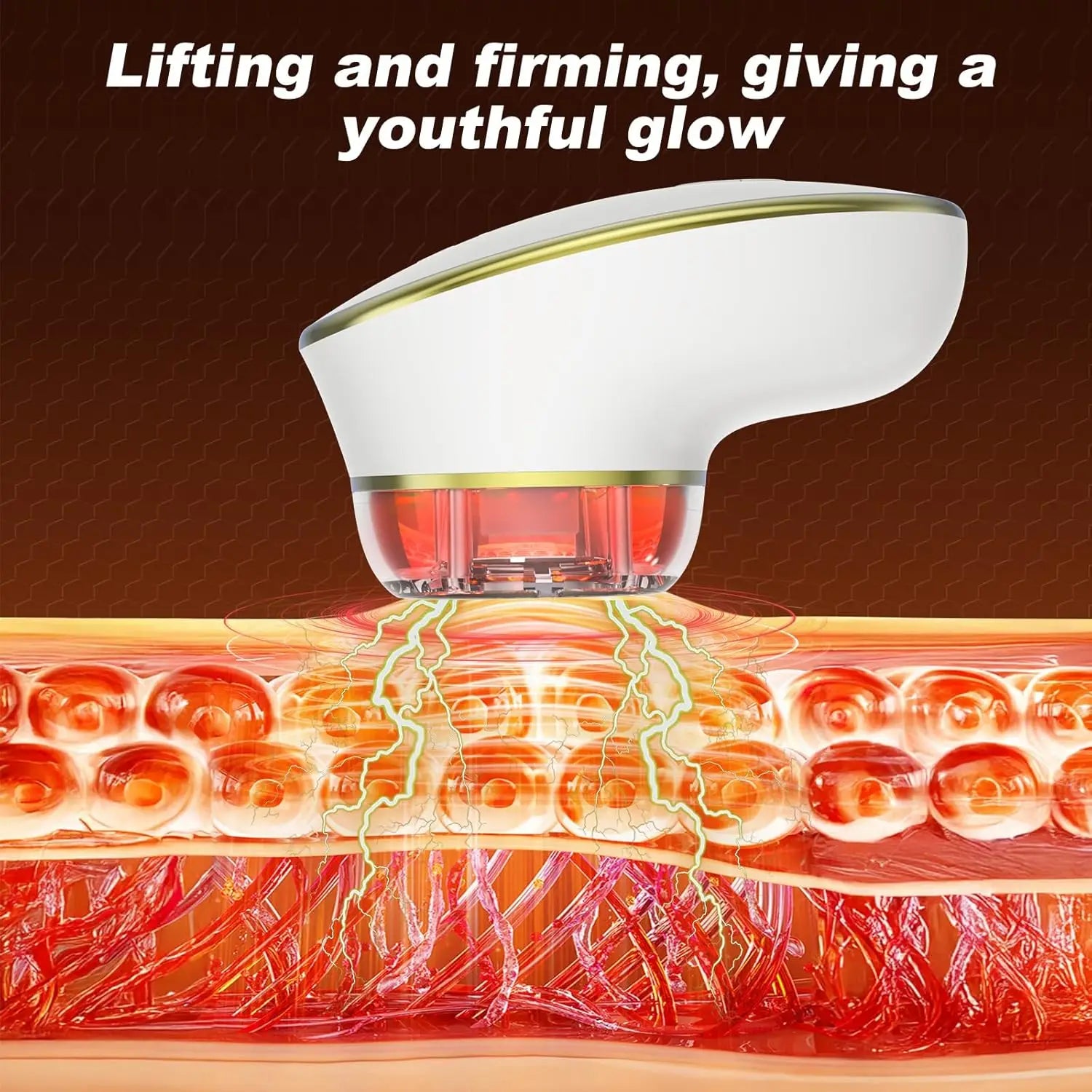 White and gold facial microcurrent device emitting light onto a cross-section illustration of skin layers.