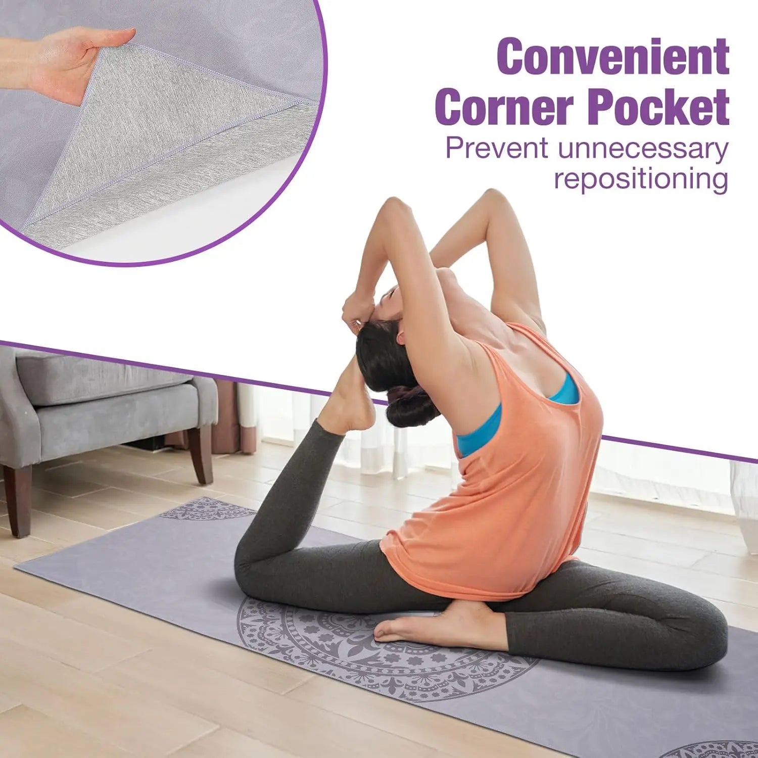 MoKo Yoga Towel Non Slip Hot Yoga Mat Yoga Blanket Printing Pattern Quick Dry with Corner Pocket for Bikram Pilates Gym Workout
