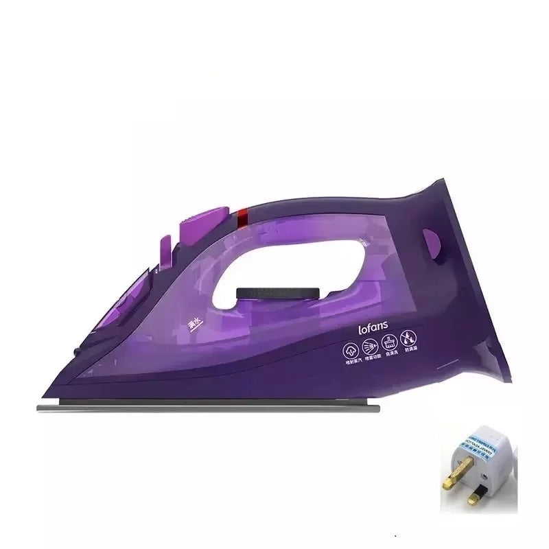 Cordless steam iron purple and black, front angled view with steam vents