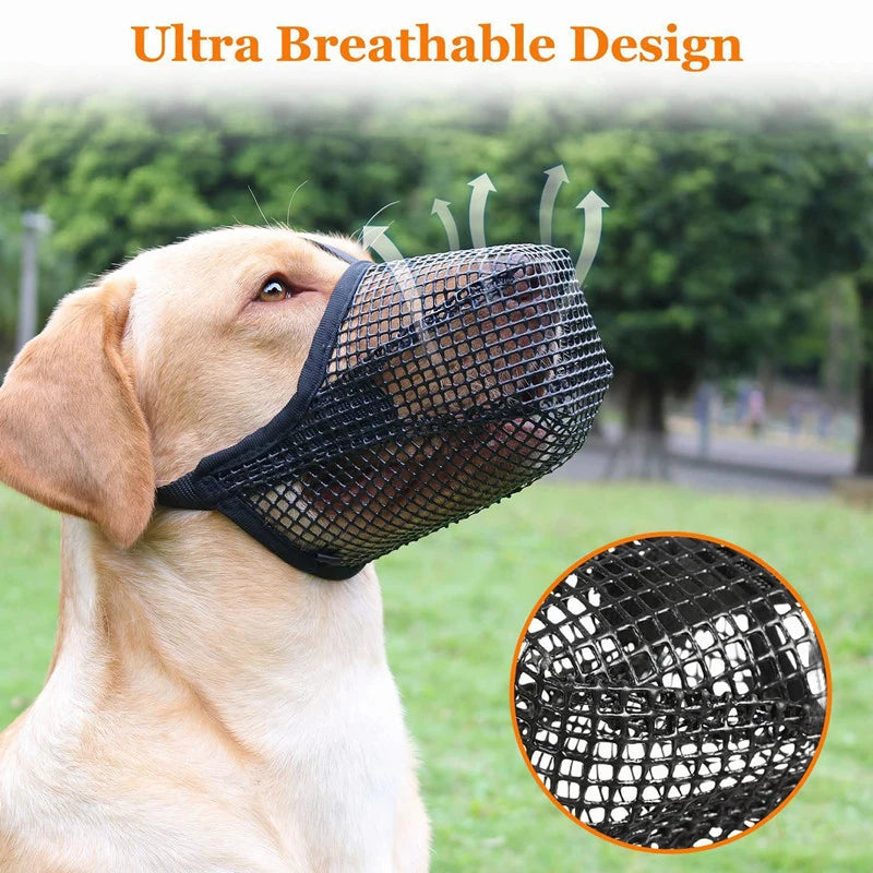 Adjustable black breathable mesh dog muzzle for anti-bite, drinking, and lick control. Comfortable pet mask for outdoors.