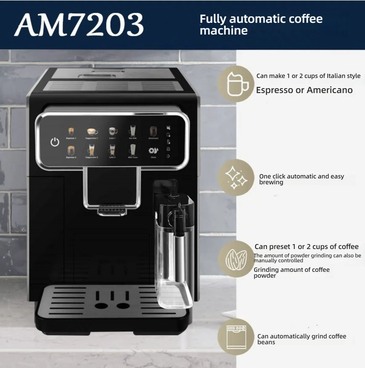 Black AM7203 fully automatic coffee machine with touch display, milk frother, and integrated bean grinder.