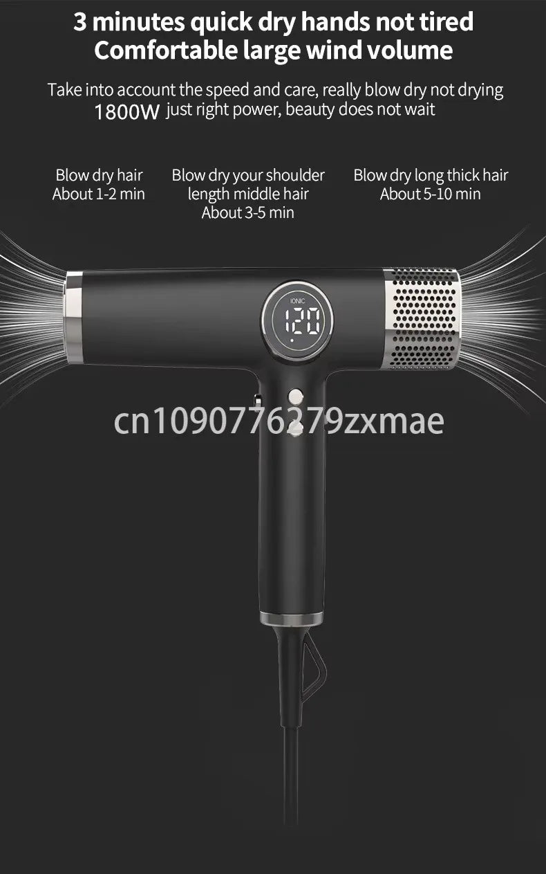 Black 1800W professional high-speed ionic hair dryer with LCD display for salon-quality styling and fast drying.