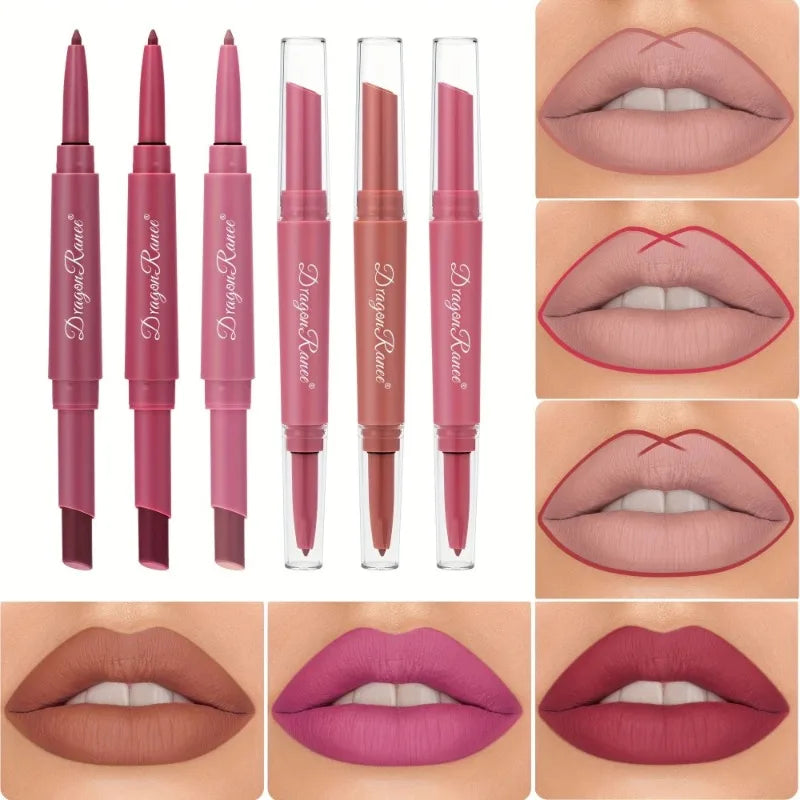 Dual-ended waterproof matte lipstick and lip liner pencils in rose red and nude shades for long-lasting lip makeup.
