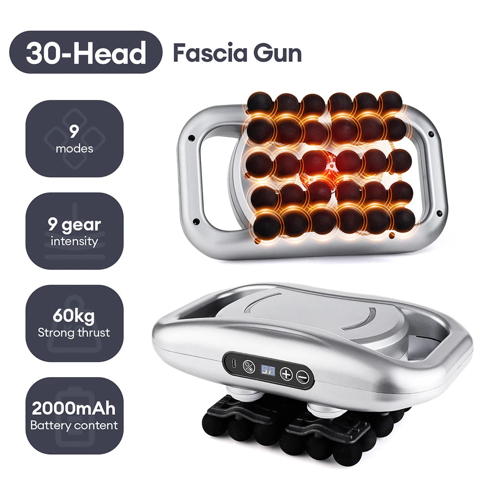Silver handheld fascia gun with 30 black massage heads and an LED control panel, designed for muscle recovery.