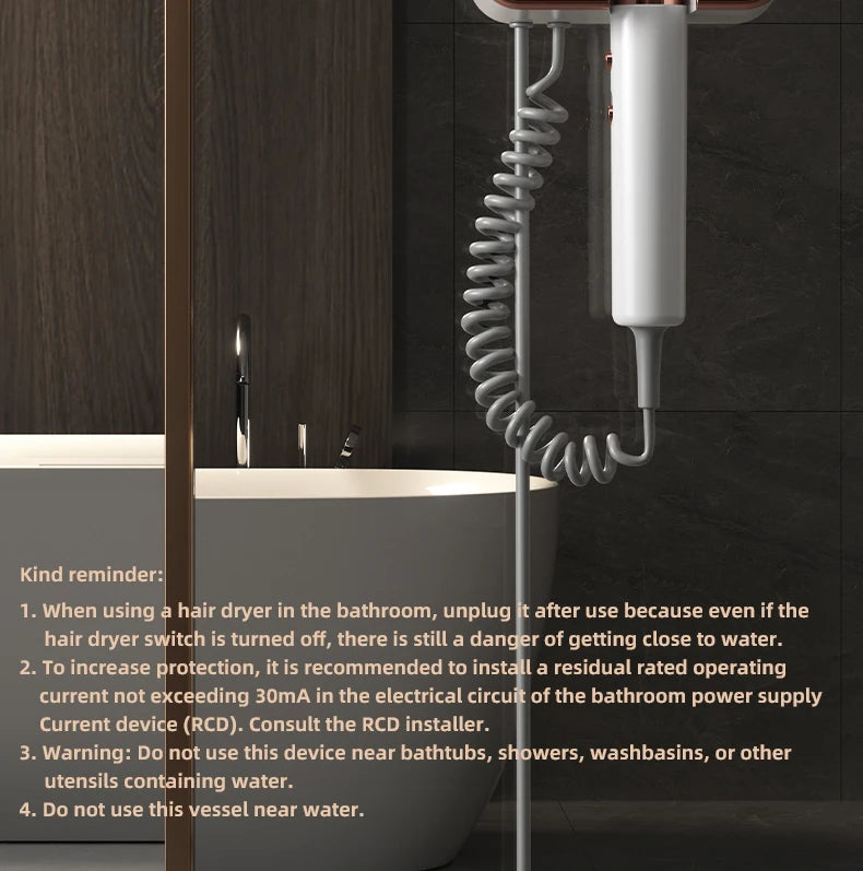 White wall-mounted 1300W hair dryer with coiled cord in a modern bathroom for home or hotel use.