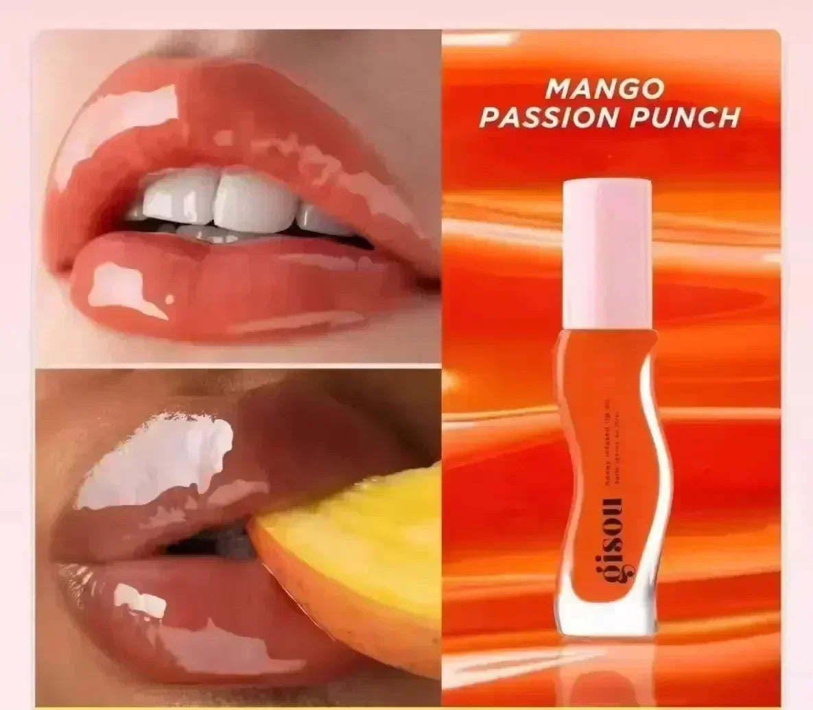 Gisou Mango Passion Punch honey-infused lip oil with a glossy, moisturizing orange tint for smooth, plump lips.
