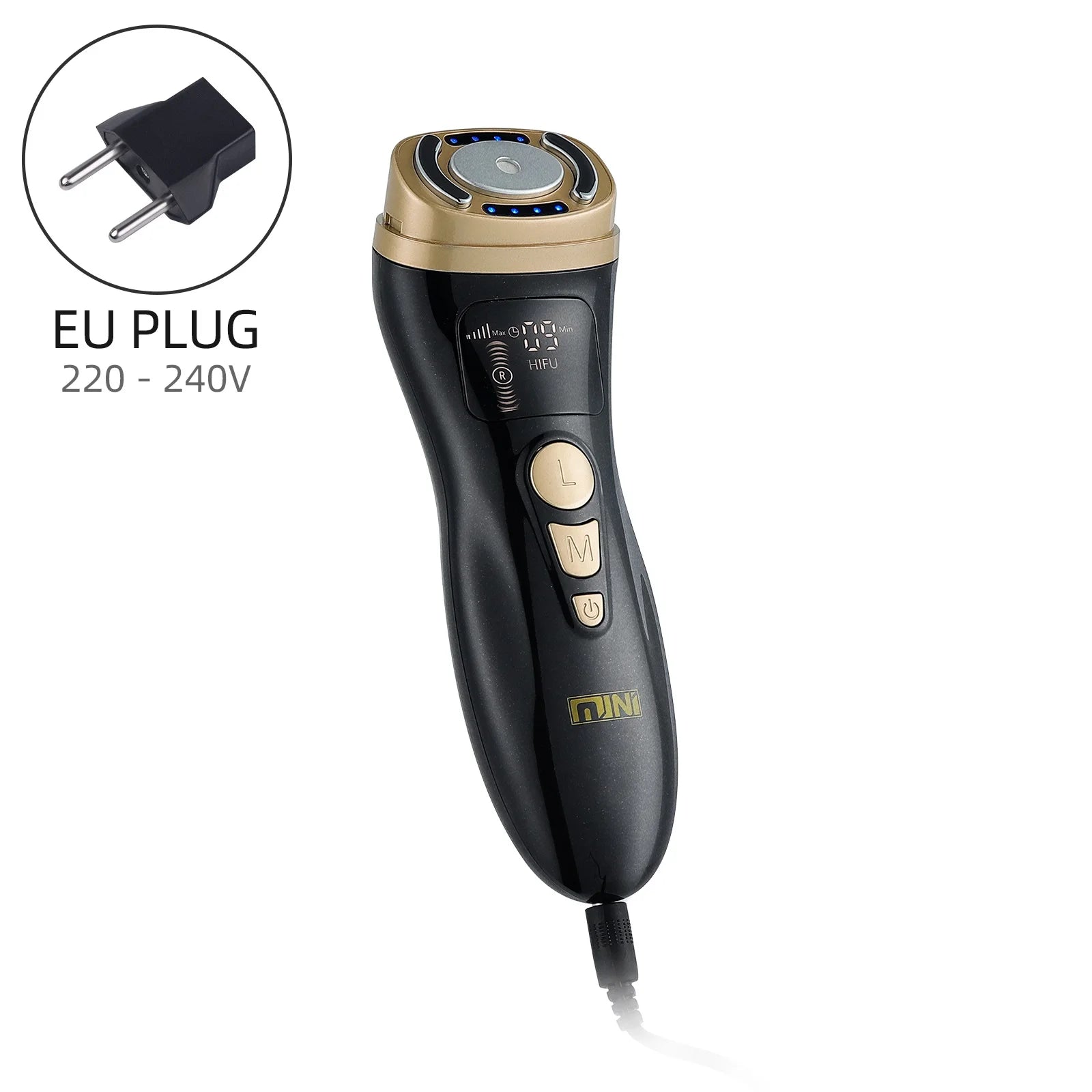 Black and gold handheld HIFU facial massager with a digital screen, control buttons, and a circular treatment head.