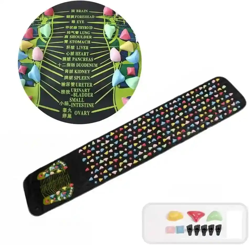 Black foot reflexology acupressure massage mat with colorful stone-like nodes and labeled body organ acupoint map.
