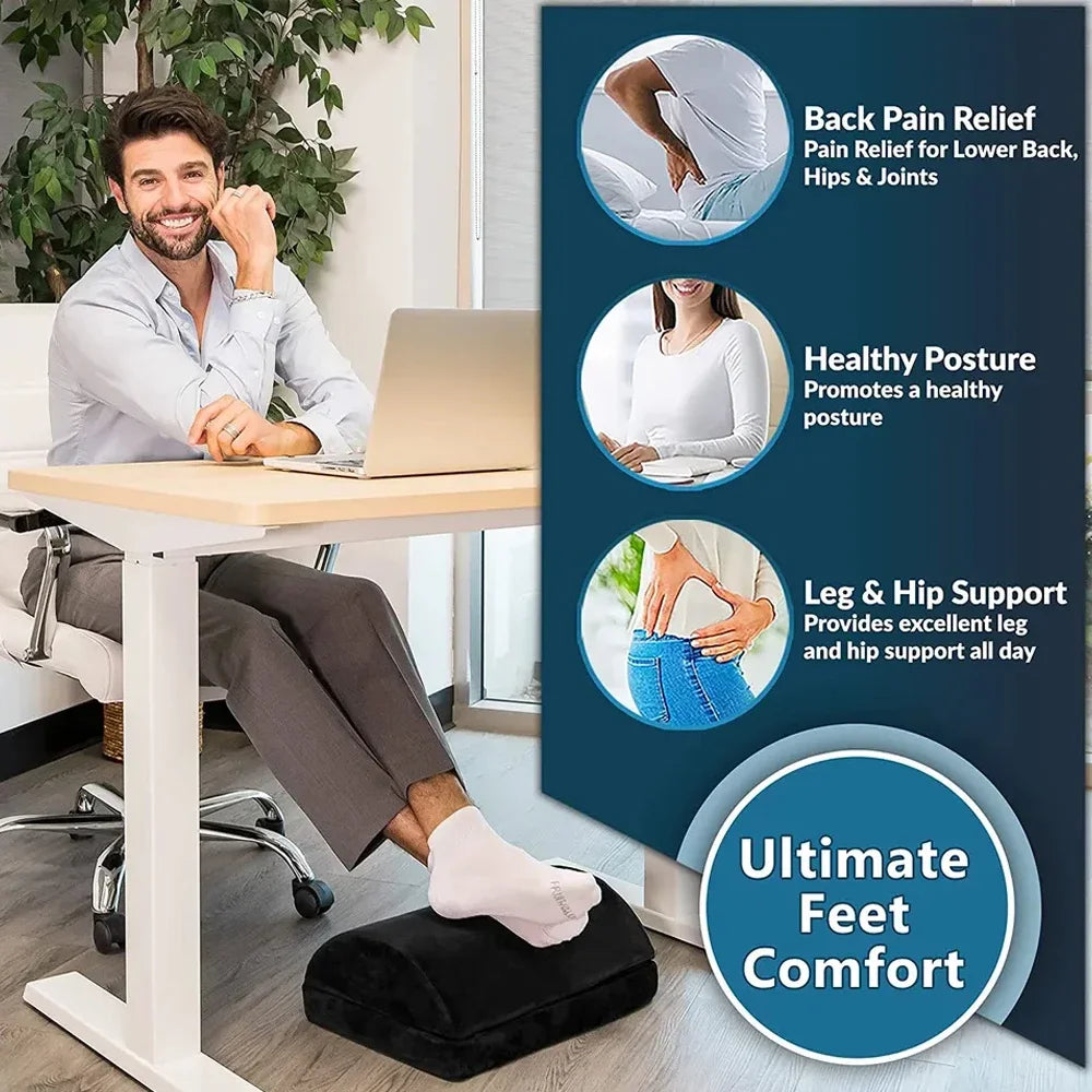 Adjustable black ergonomic under-desk footrest for office posture, back pain relief, and leg comfort while working.