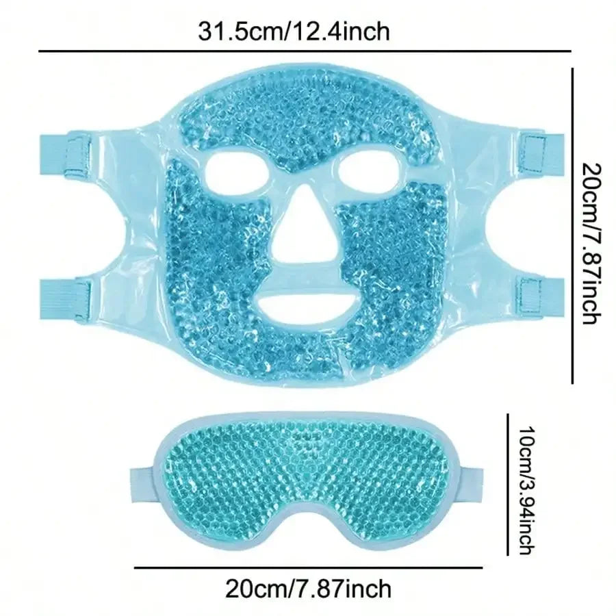 Blue gel bead face mask and eye mask with straps, labeled with measurements in centimeters and inches.