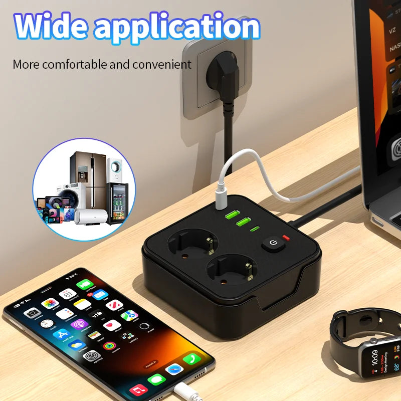 EU Plug Power Strip 2 AC 2 USB-A 2 Type-C Charging Station with Lightning Protection & Overload Safety, Wall-Mounted Outlet
