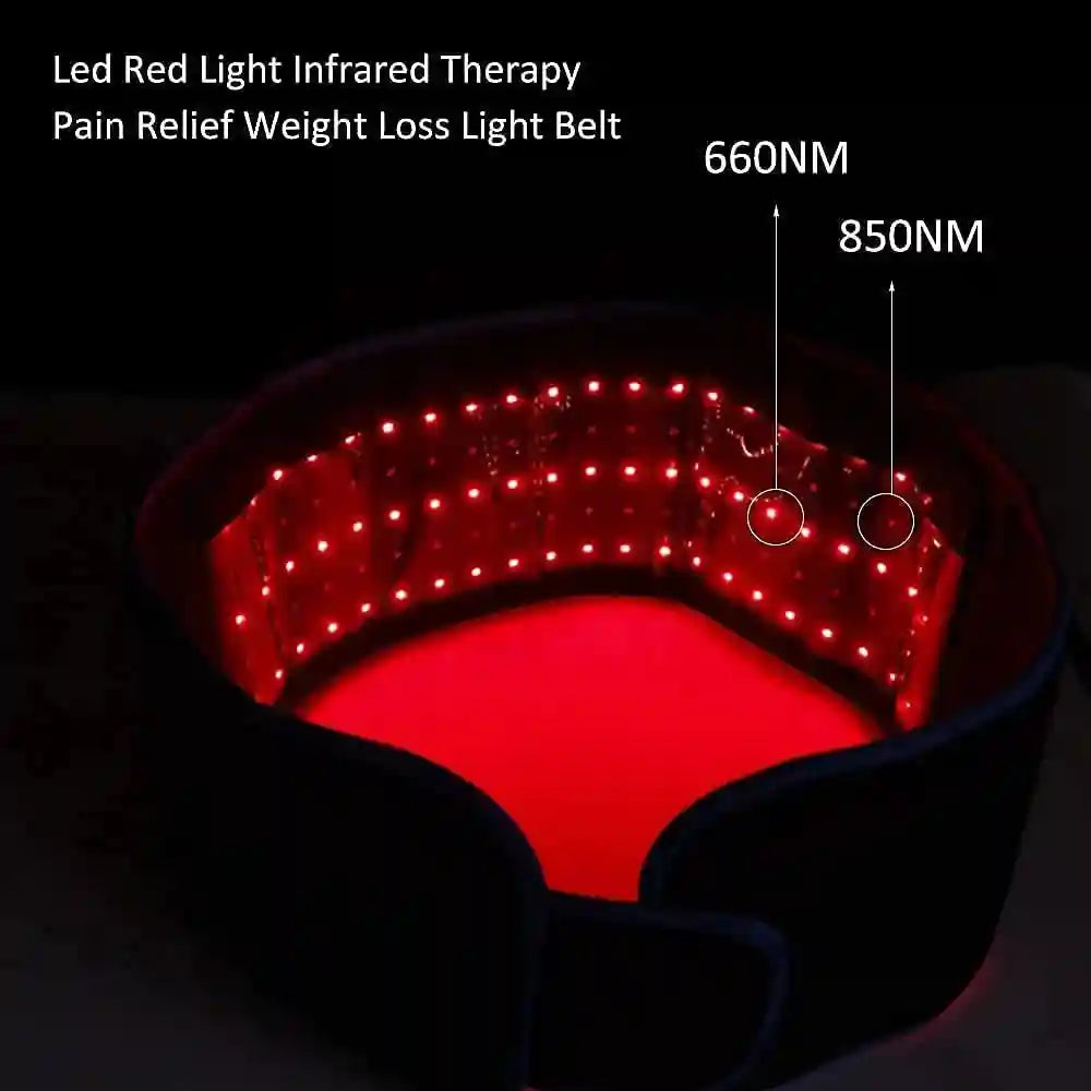 Black LED light therapy belt glowing with red lights, labeled with 660nm and 850nm wavelengths.