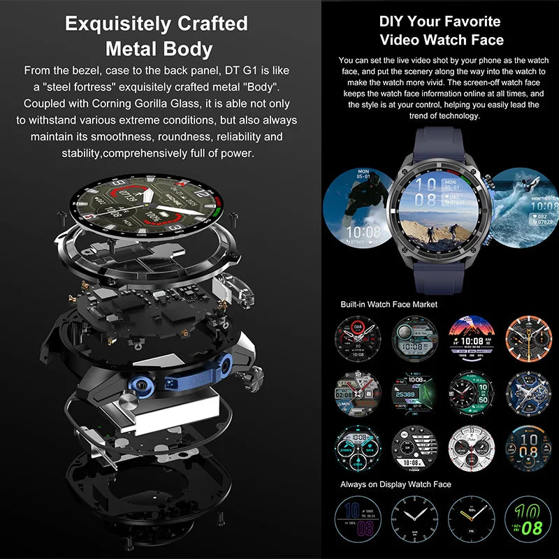 2026 New Outdoor Adventure DT G1 Smart Watch GPS Offline Map 100+Sports Mode Fitness 3ATM Waterproof Bluetooth Call Smart Watch