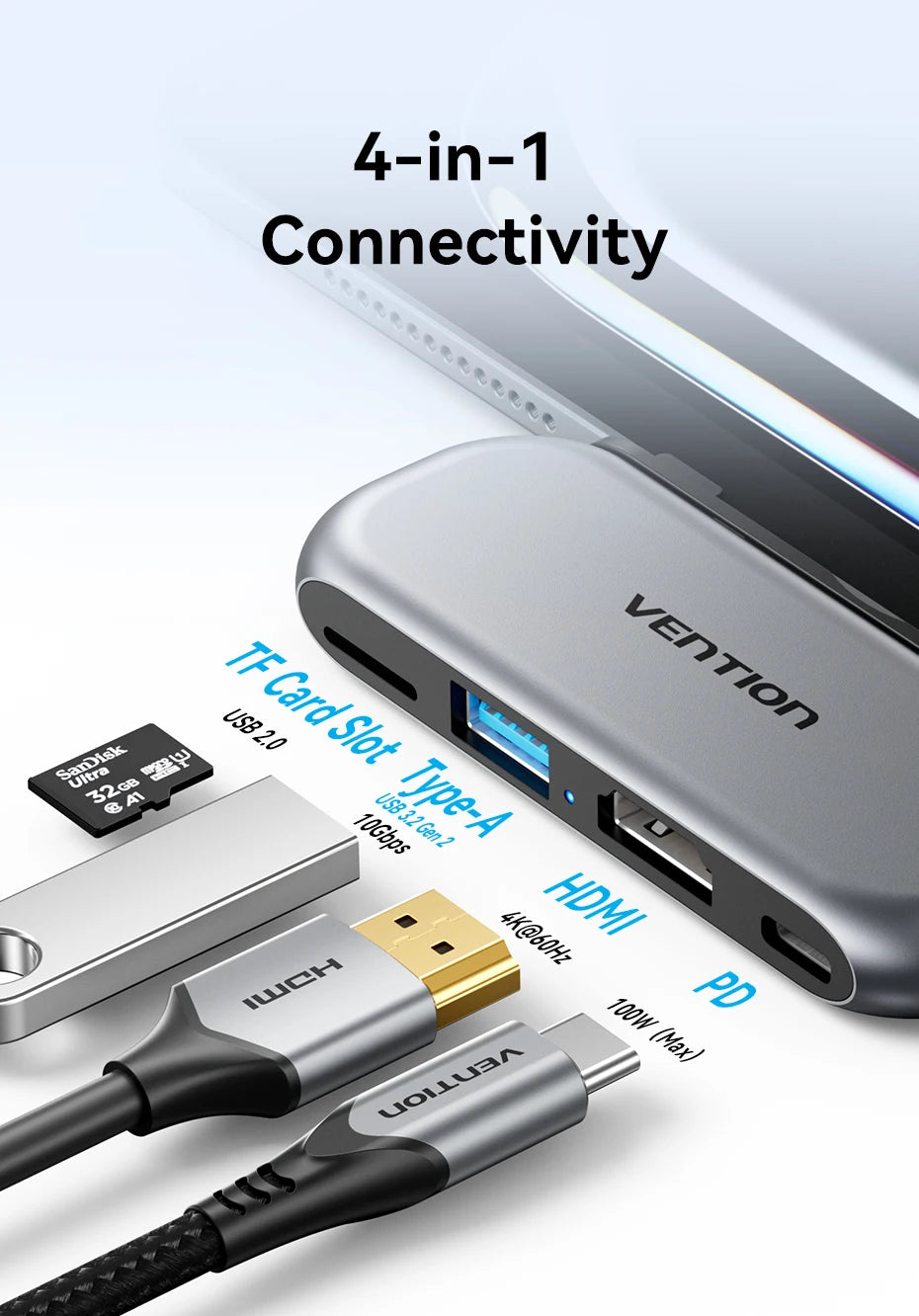 USB C Hub 4K 60Hz Adapter - 100W PD Charging for Laptop - Space Gray Tidesmit