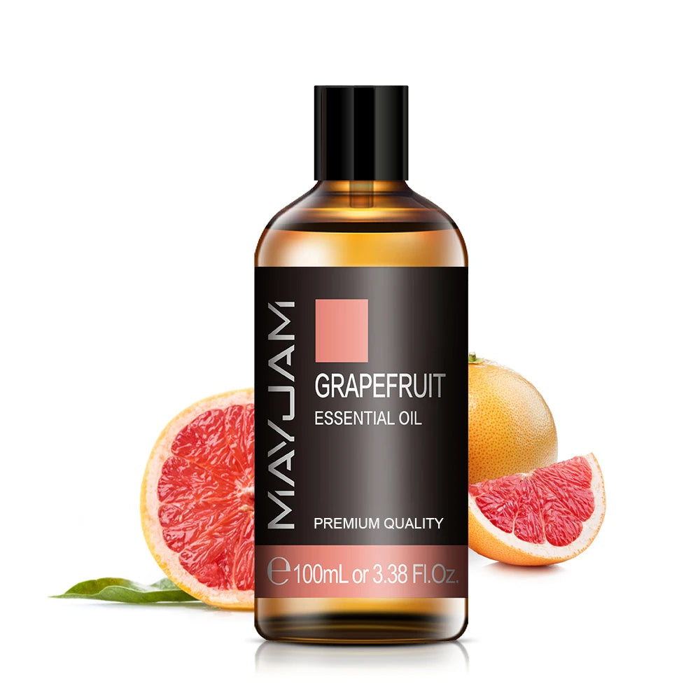 100ml grapefruit essential oil bottle with black cap and amber label for diffusers.