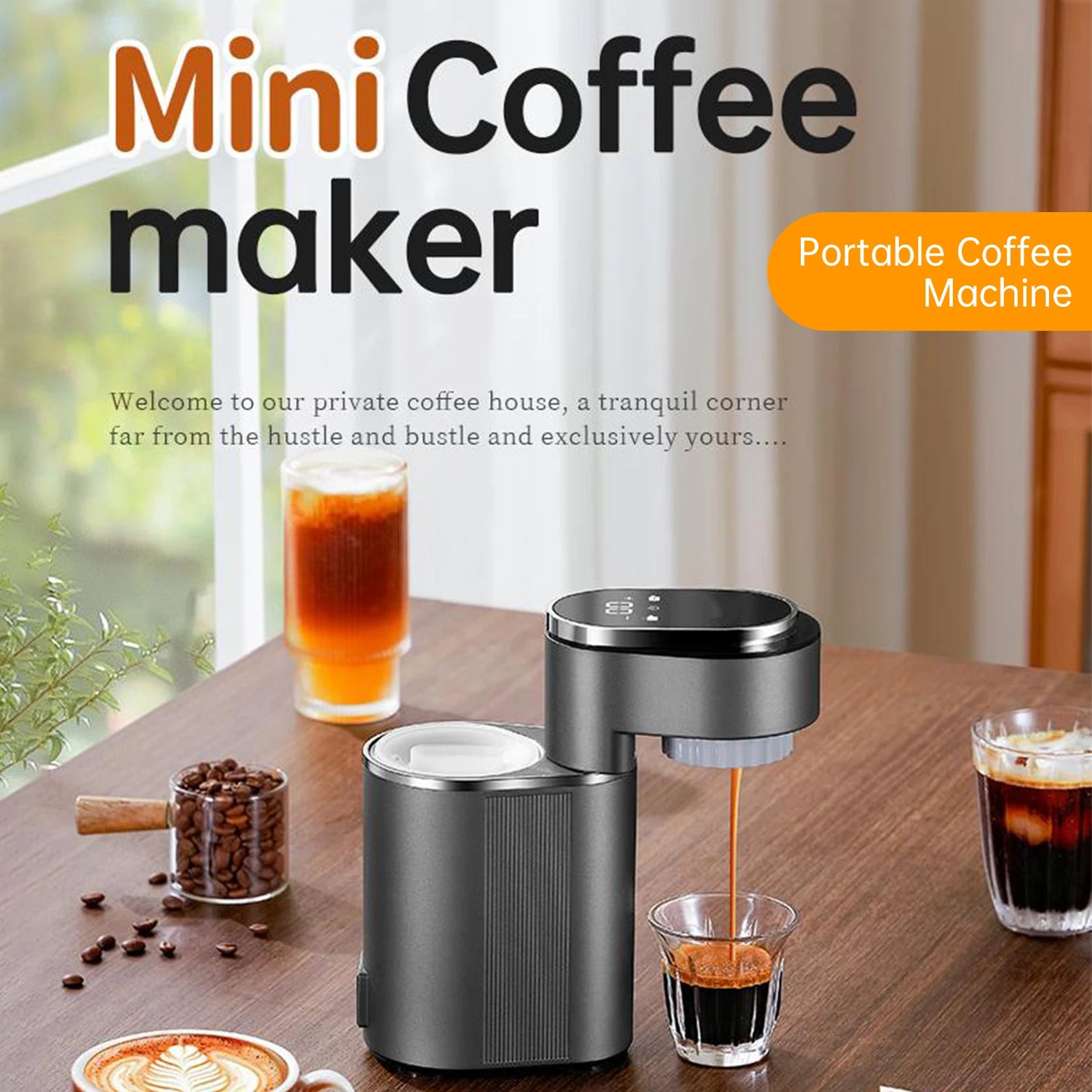 Compact grey portable coffee maker with digital display, brewing espresso on a wooden table.
